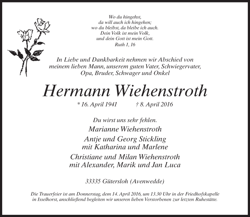  Traueranzeige für Hermann Wiehenstroth vom 12.04.2016 aus Neue Westfälische
