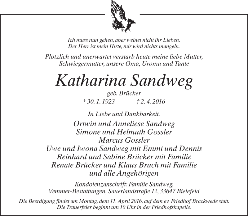  Traueranzeige für Katharina Sandweg vom 06.04.2016 aus Neue Westfälische