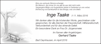 Traueranzeige von Inge Taake von Neue Westfälische