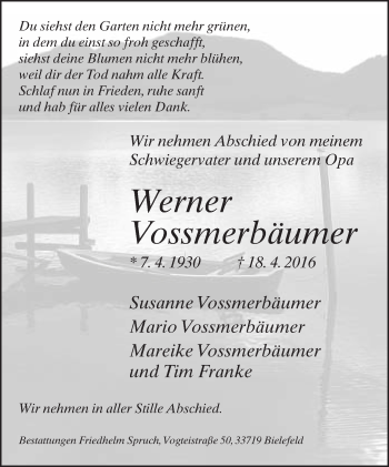 Traueranzeige von Werner Vossmerbäumer von Neue Westfälische