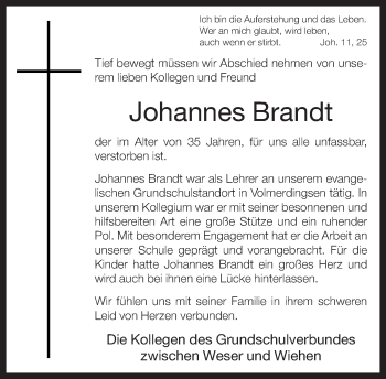 Traueranzeige von Johannes Brandt von Neue Westfälische