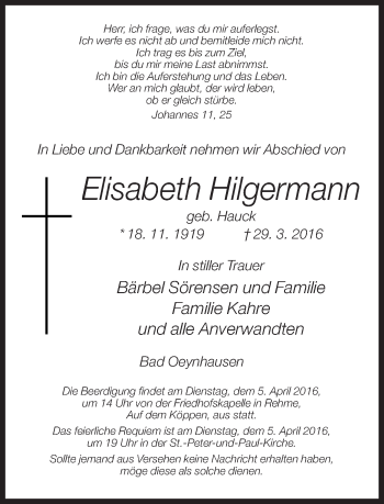 Traueranzeige von Elisabeth Hilgermann von Neue Westfälische