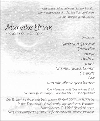 Traueranzeige von Mareike Brink von Neue Westfälische