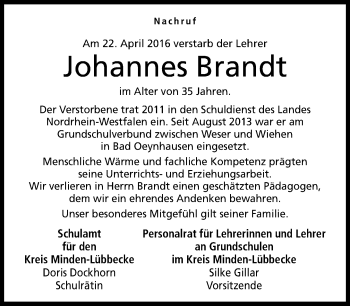 Traueranzeige von Johannes Brandt von Neue Westfälische