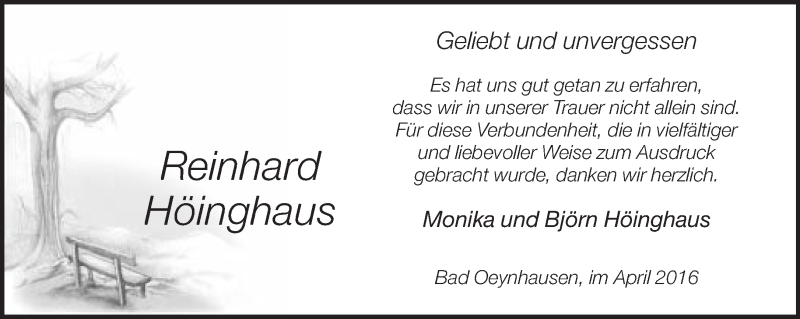  Traueranzeige für Reinhard Höinghaus vom 22.04.2016 aus Neue Westfälische
