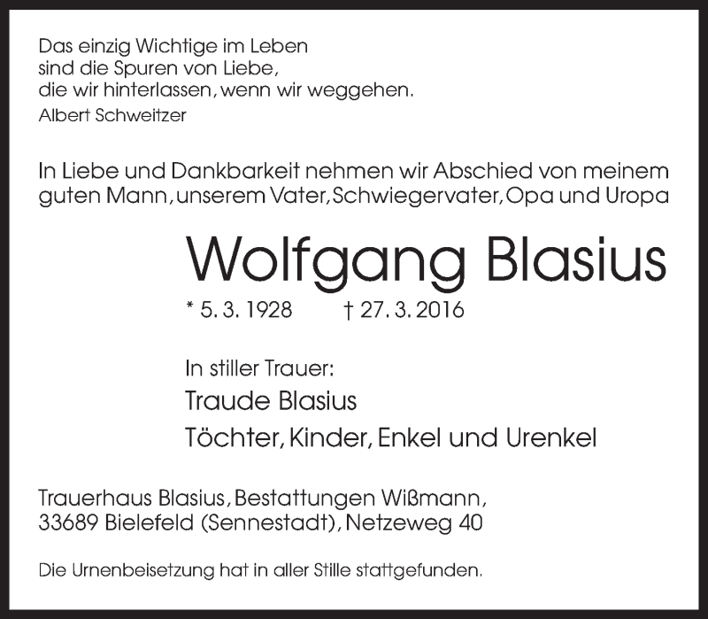  Traueranzeige für Wolfgang Blasius vom 09.04.2016 aus Neue Westfälische
