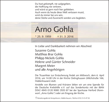 Traueranzeige von Arno Gohla von Neue Westfälische