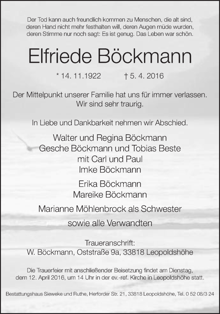  Traueranzeige für Elfriede Böckmann vom 09.04.2016 aus Neue Westfälische