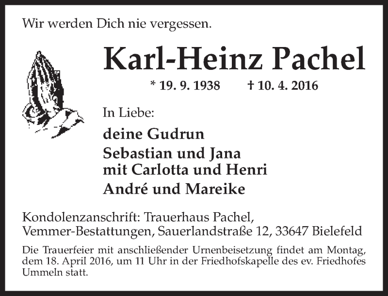  Traueranzeige für Karl-Heinz Pachel vom 16.04.2016 aus Neue Westfälische