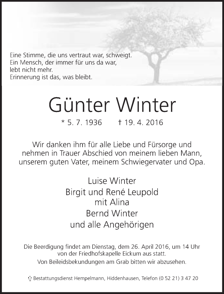  Traueranzeige für Günter Winter vom 21.04.2016 aus Neue Westfälische
