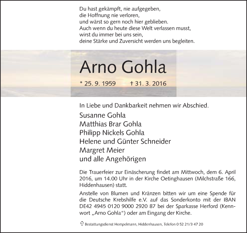  Traueranzeige für Arno Gohla vom 02.04.2016 aus Neue Westfälische