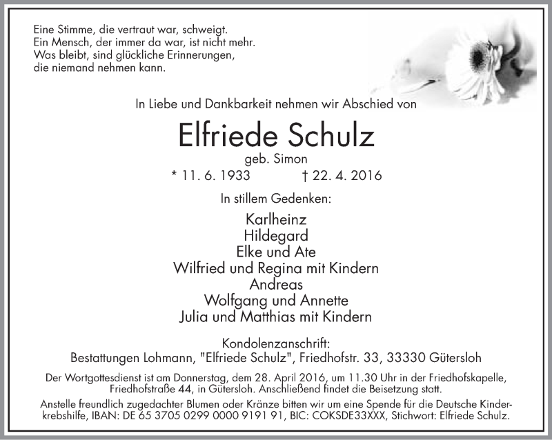  Traueranzeige für Elfriede Schulz vom 25.04.2016 aus Neue Westfälische