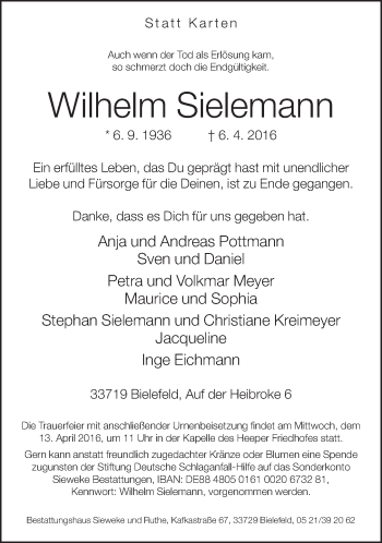 Traueranzeige von Wilhelm Sielemann von Neue Westfälische