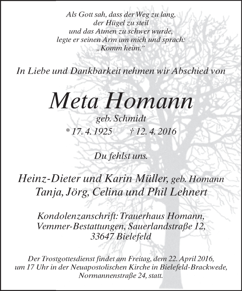  Traueranzeige für Meta Homann vom 16.04.2016 aus Neue Westfälische