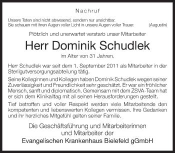 Traueranzeige von Dominik Schudlek von Neue Westfälische