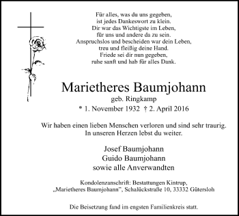 Traueranzeige von Marietheres Baumjohann von Neue Westfälische