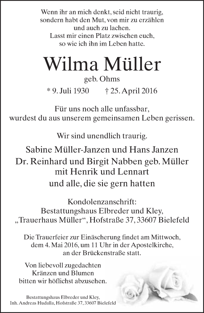  Traueranzeige für Wilma Müller vom 30.04.2016 aus Neue Westfälische