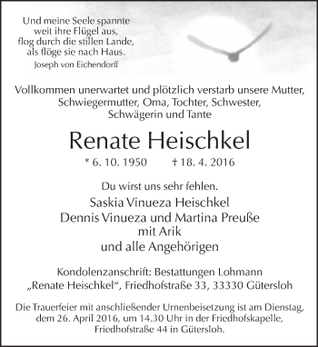 Traueranzeige von Renate Heischkel von Neue Westfälische