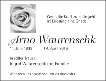 Traueranzeige von Arno Waurenschk von Neue Westfälische