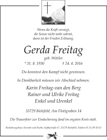 Traueranzeige von Gerda Freitag von Neue Westfälische