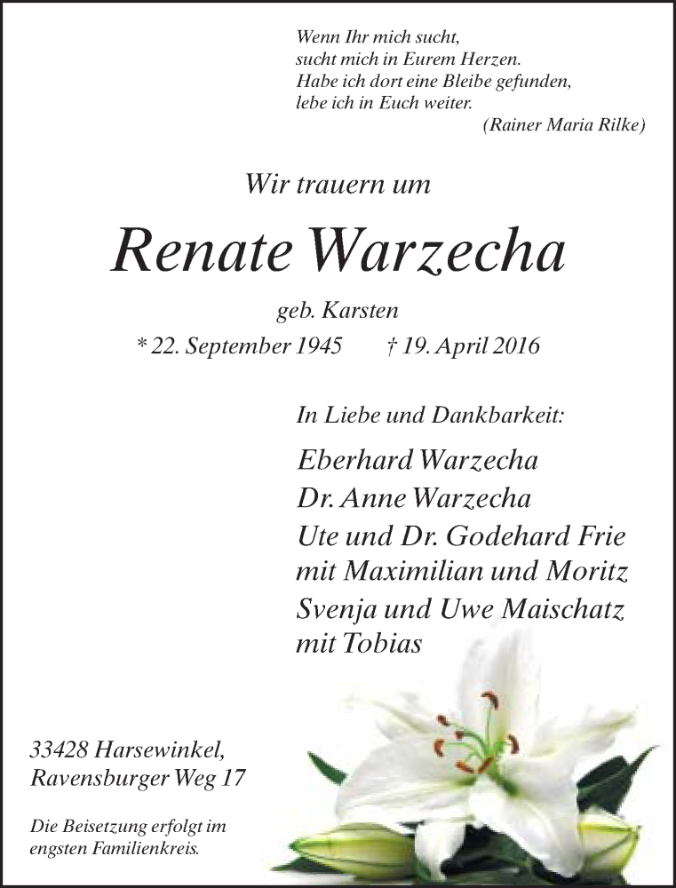  Traueranzeige für Renate Warzecha vom 23.04.2016 aus Neue Westfälische