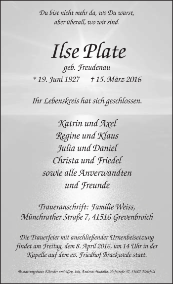 Traueranzeige von Ilse Plate von Neue Westfälische