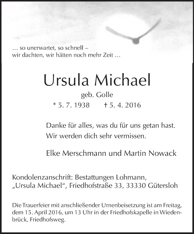  Traueranzeige für Ursula Michael vom 09.04.2016 aus Neue Westfälische