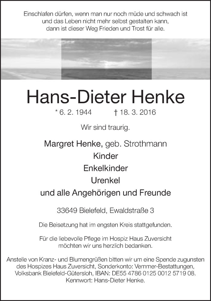  Traueranzeige für Hans-Dieter Henke vom 02.04.2016 aus Neue Westfälische