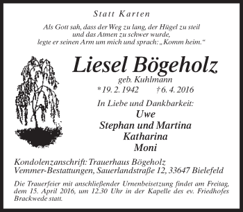 Traueranzeige von Liesel Bögeholz von Neue Westfälische