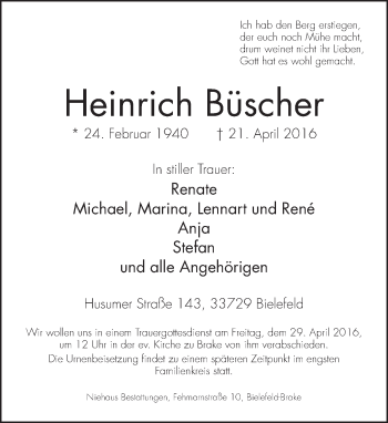 Traueranzeige von Heinrich Büscher von Neue Westfälische