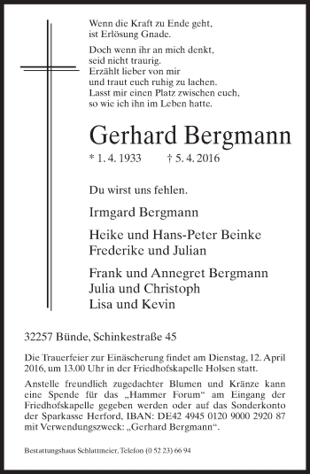 Traueranzeige von Gerhard Bergmann von Neue Westfälische
