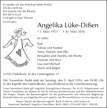 Traueranzeige von Angelika Lüke-Dißen von Neue Westfälische