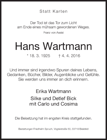 Traueranzeige von Hans Wartmann von Neue Westfälische