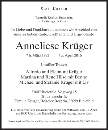 Traueranzeige von Anneliese Krüger von Neue Westfälische