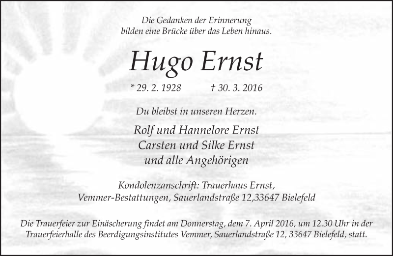  Traueranzeige für Hugo Ernst vom 02.04.2016 aus Neue Westfälische