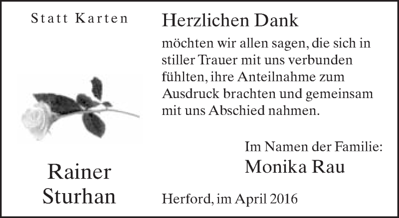  Traueranzeige für Rainer Sturhan vom 09.04.2016 aus Neue Westfälische