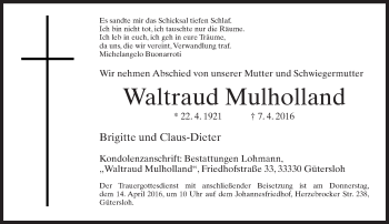 Traueranzeige von Waltraud Mulholland von Neue Westfälische