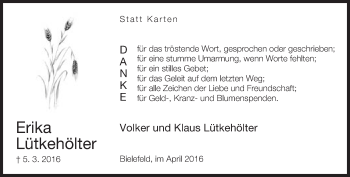 Traueranzeige von Erika Lütkehölter von Neue Westfälische