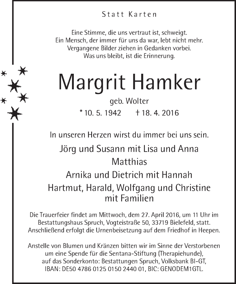  Traueranzeige für Margrit Hamker vom 23.04.2016 aus Neue Westfälische