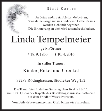 Traueranzeige von Linda Tempelmeier von Neue Westfälische