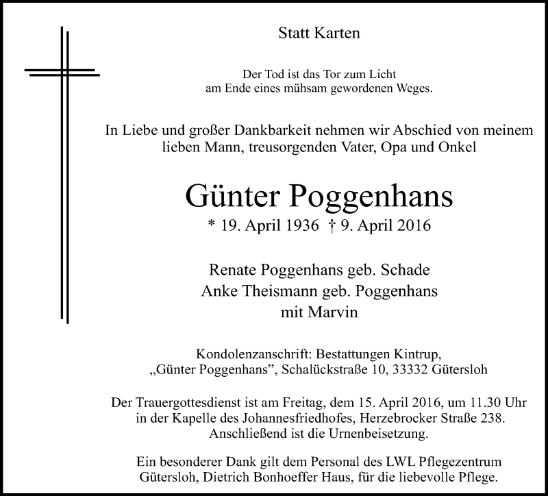  Traueranzeige für Günter Poggenhans vom 13.04.2016 aus Neue Westfälische
