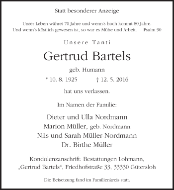 Traueranzeige von Gertrud Bartels von Neue Westfälische