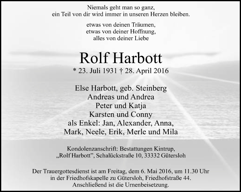  Traueranzeige für Rolf Harbott vom 02.05.2016 aus Neue Westfälische