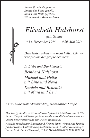 Traueranzeige von Elisabeth Hülshorst von Neue Westfälische