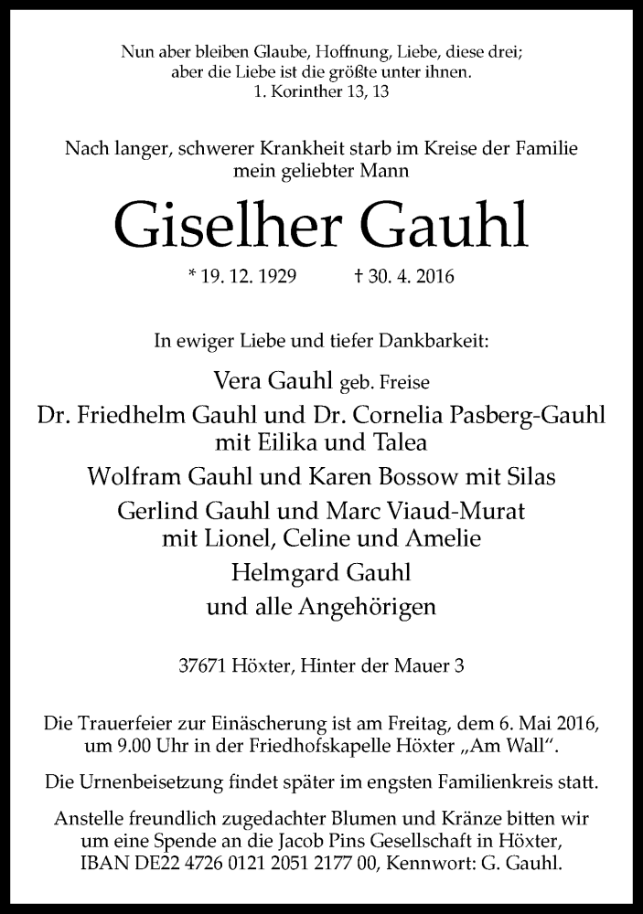  Traueranzeige für Giselher Gauhl vom 03.05.2016 aus Neue Westfälische