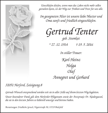 Traueranzeige von Gertrud Tenter von Neue Westfälische