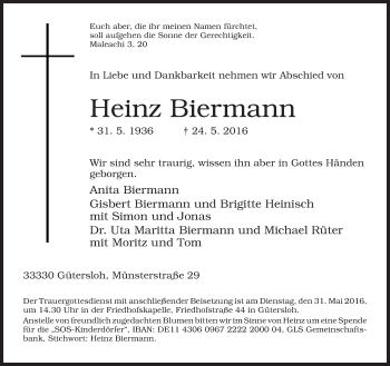 Traueranzeige von Heinz Biermann von Neue Westfälische