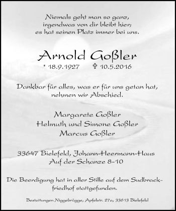 Traueranzeige von Arnold Goßler von Neue Westfälische