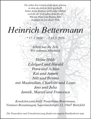Traueranzeige von Heinrich Bettermann von Neue Westfälische