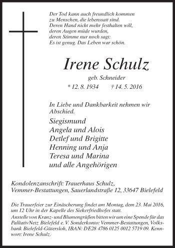 Traueranzeige von Irene Schulz von Neue Westfälische